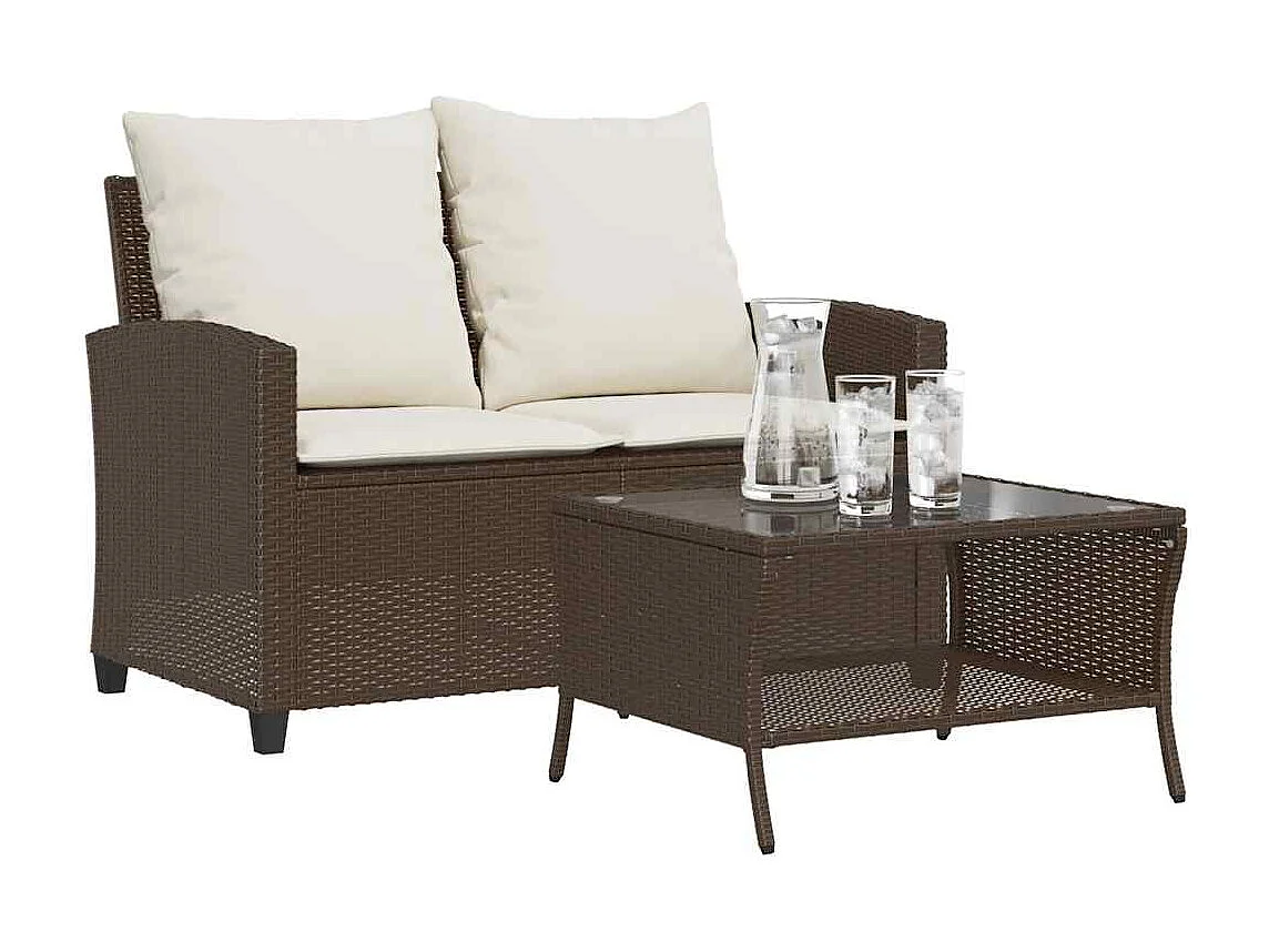 Tuinbank 2-zits met kussens & tafel poly rattan bruin