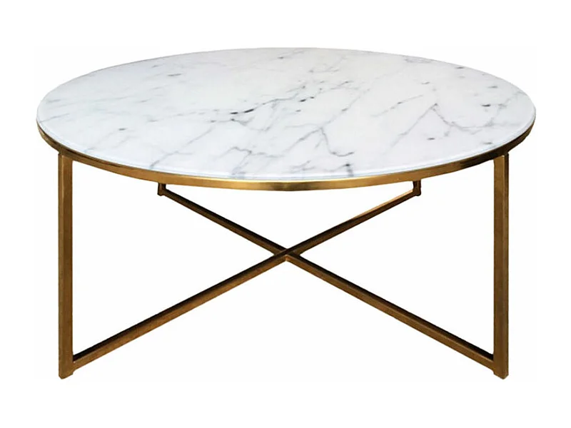 Almaz table de salon Ø 80 cm, en verre avec un imprimé marbre et un piètement en chrome doré.