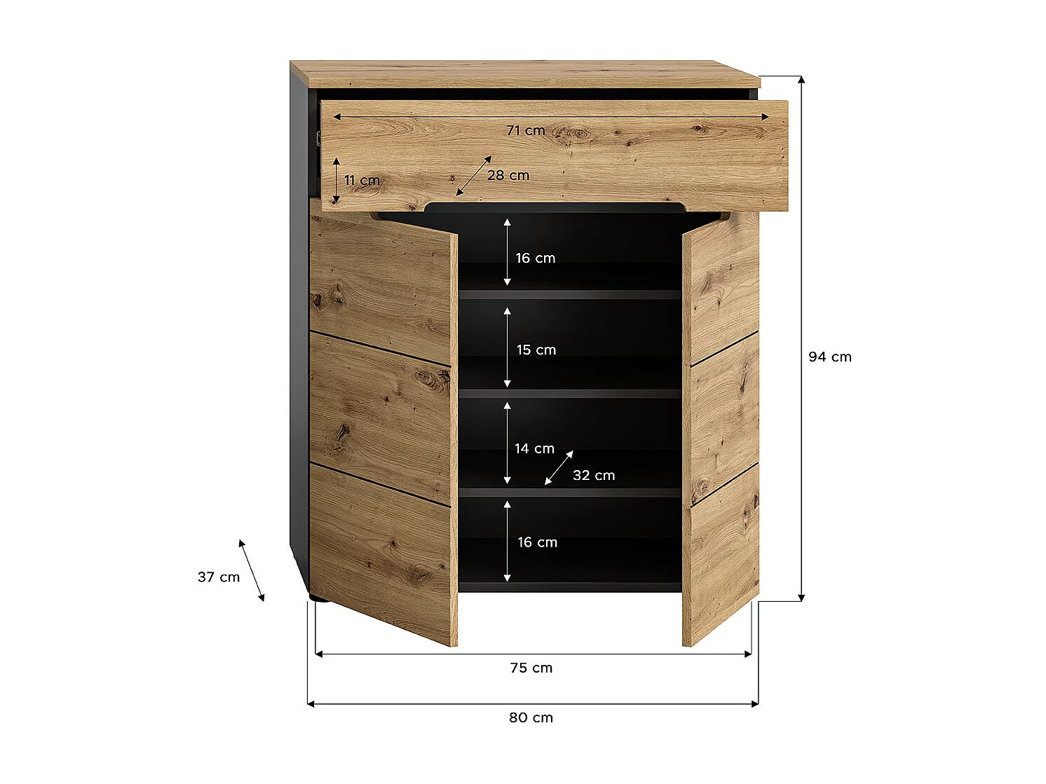 Canu schoenenkast 1 lade 2 deuren eiken decor.