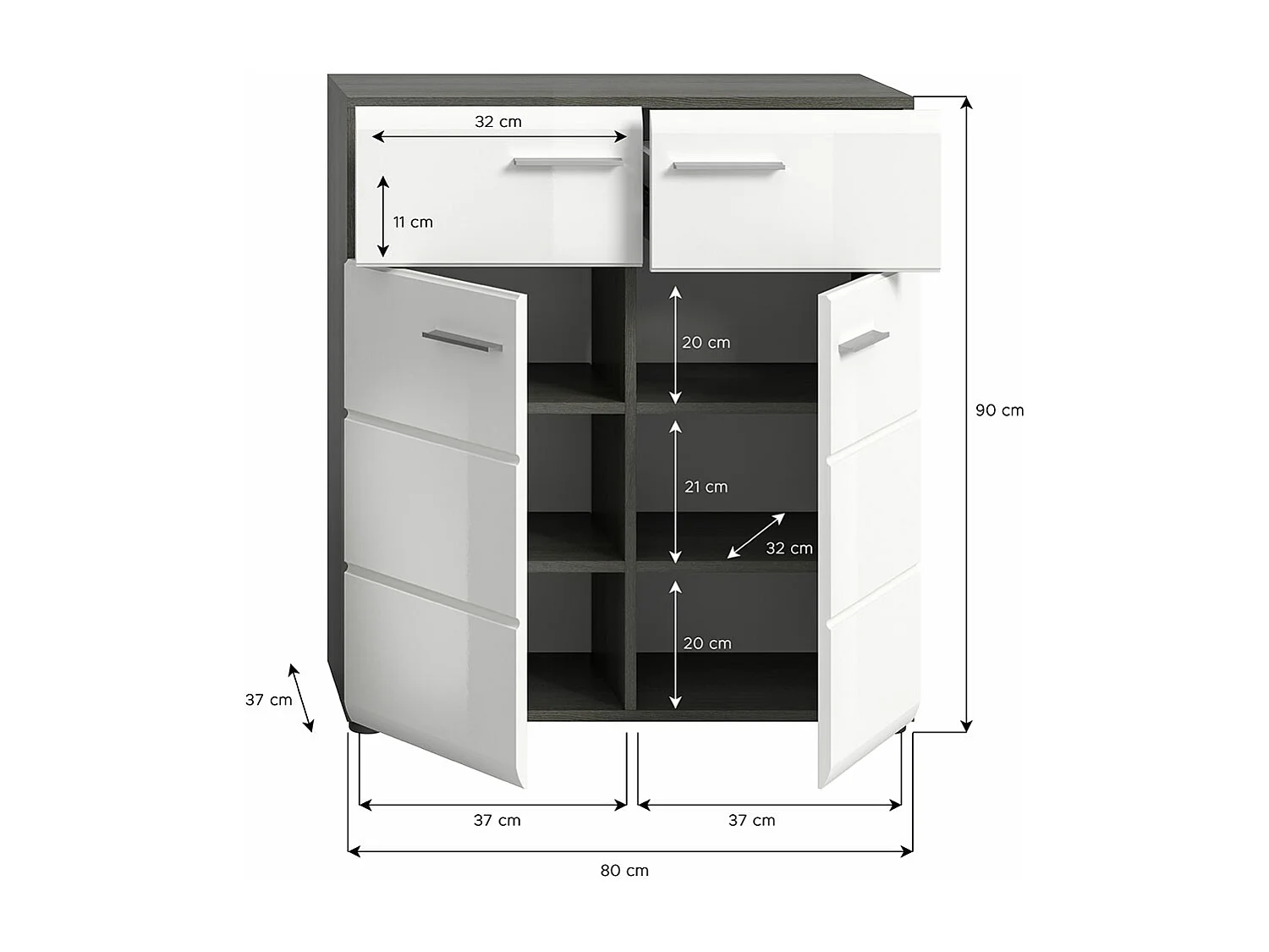 Salsa schoenenkast 2 laden 2 deuren wit hoogglans.