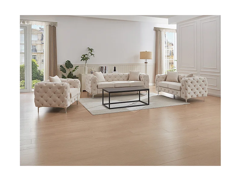 Chesterfield-Sofa 3-Sitzer, 2-Sitzer & Chesterfield-Sessel - Samt - Beige - EDWINA