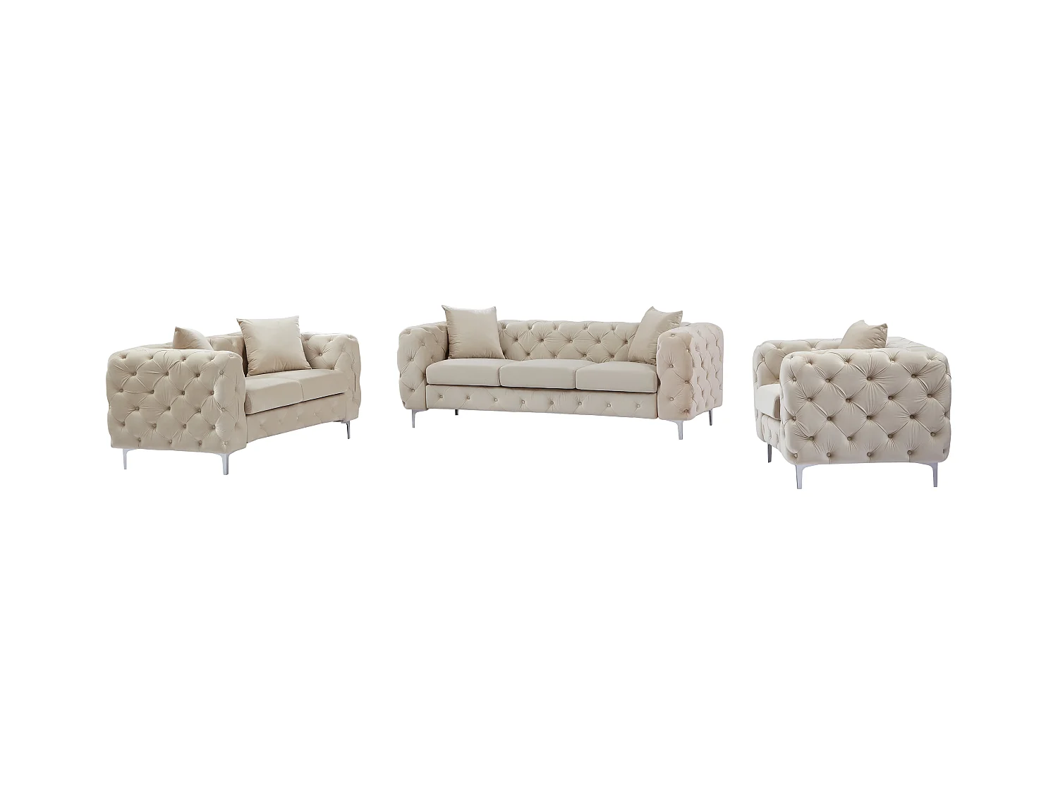 Drie- en tweezits-Chesterfield-bank en -fauteuil van beige velours EDWINA
