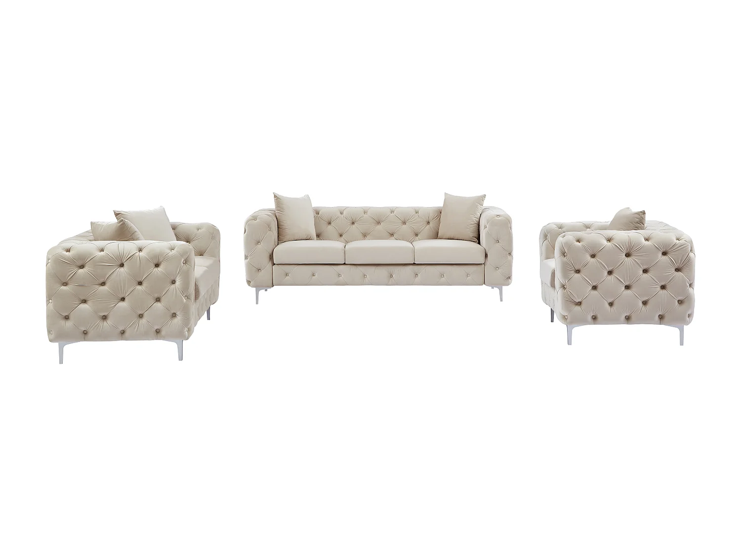 Drie- en tweezits-Chesterfield-bank en -fauteuil van beige velours EDWINA