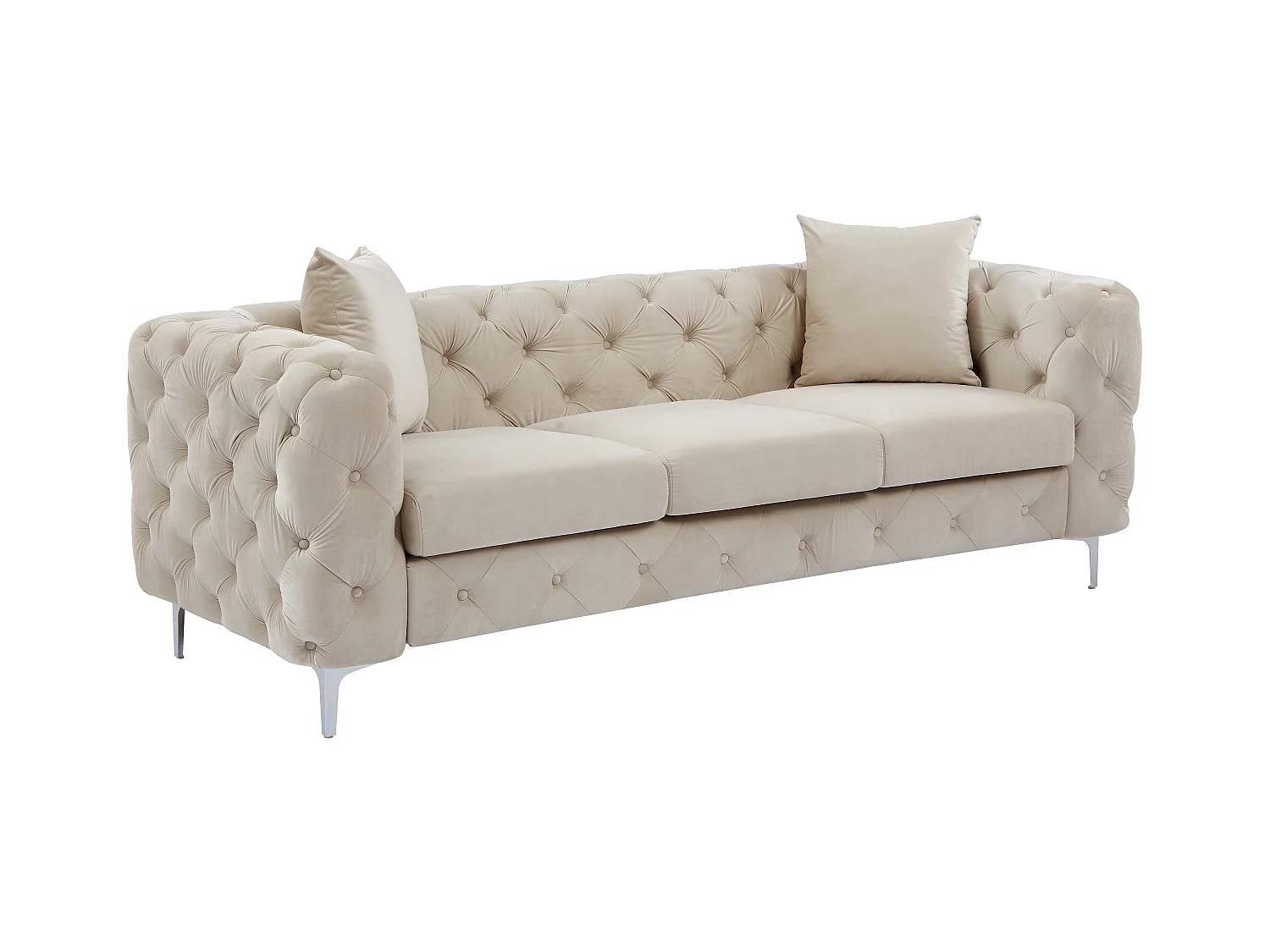 Drie- en tweezits-Chesterfield-bank en -fauteuil van beige velours EDWINA