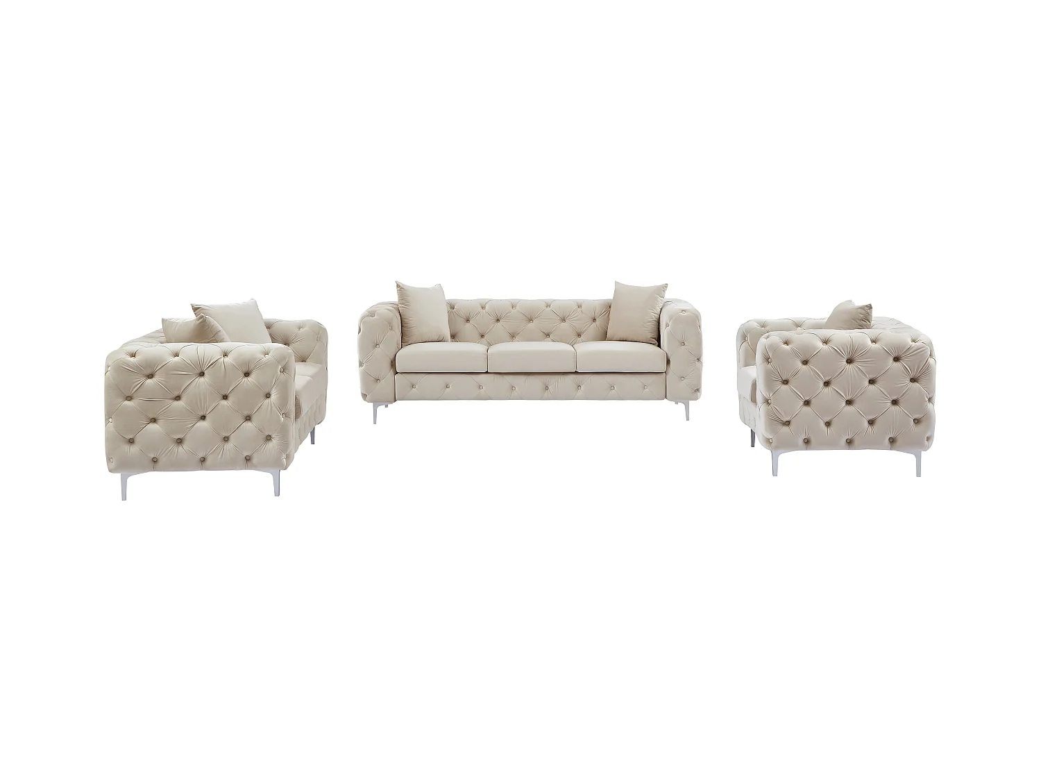 Canapé 3 places, 2 places et fauteuil chesterfield en velours beige EDWINA