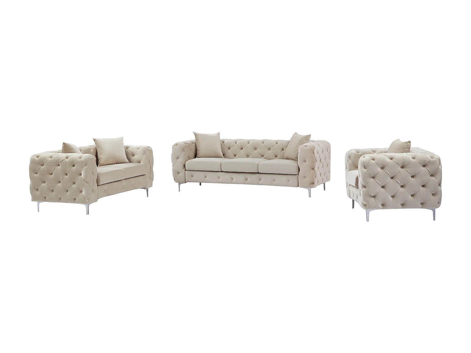 Canapé 3 places, 2 places et fauteuil chesterfield en velours beige EDWINA