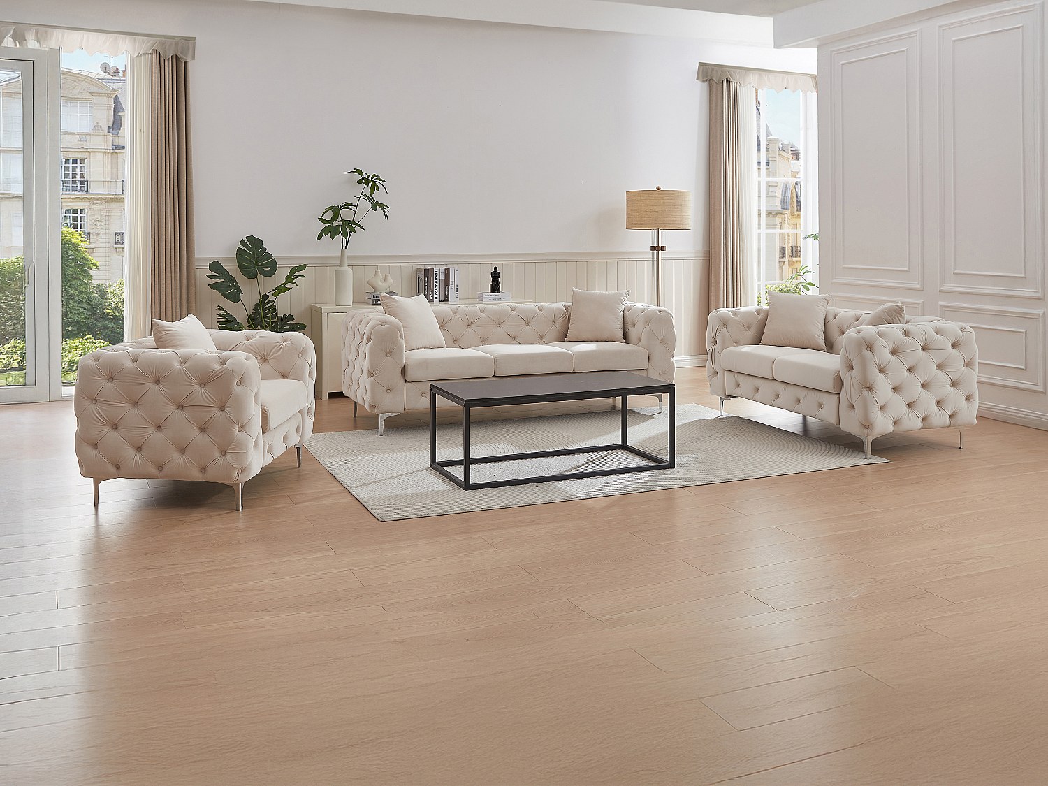 3-seters sofa, 2-seters sofa og chesterfield-stol i beige fløyel EDWINA