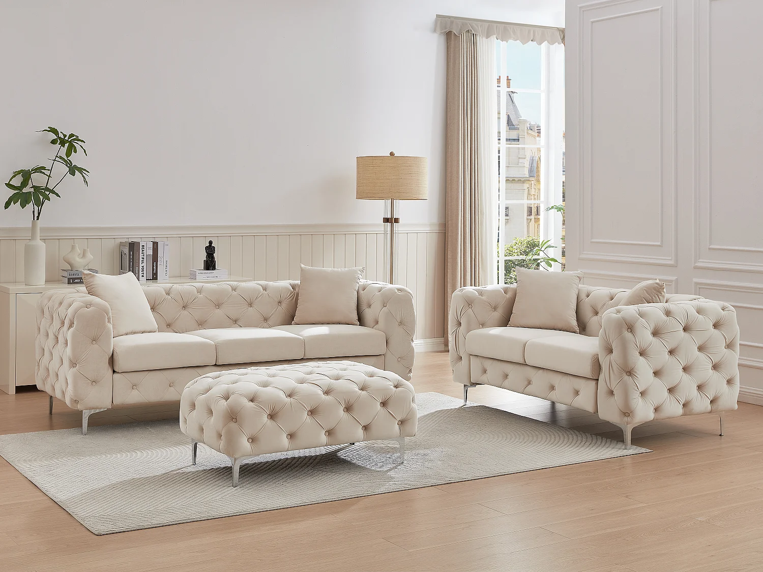 Canapé 3 places, 2 places et pouf chesterfield en velours beige EDWINA
