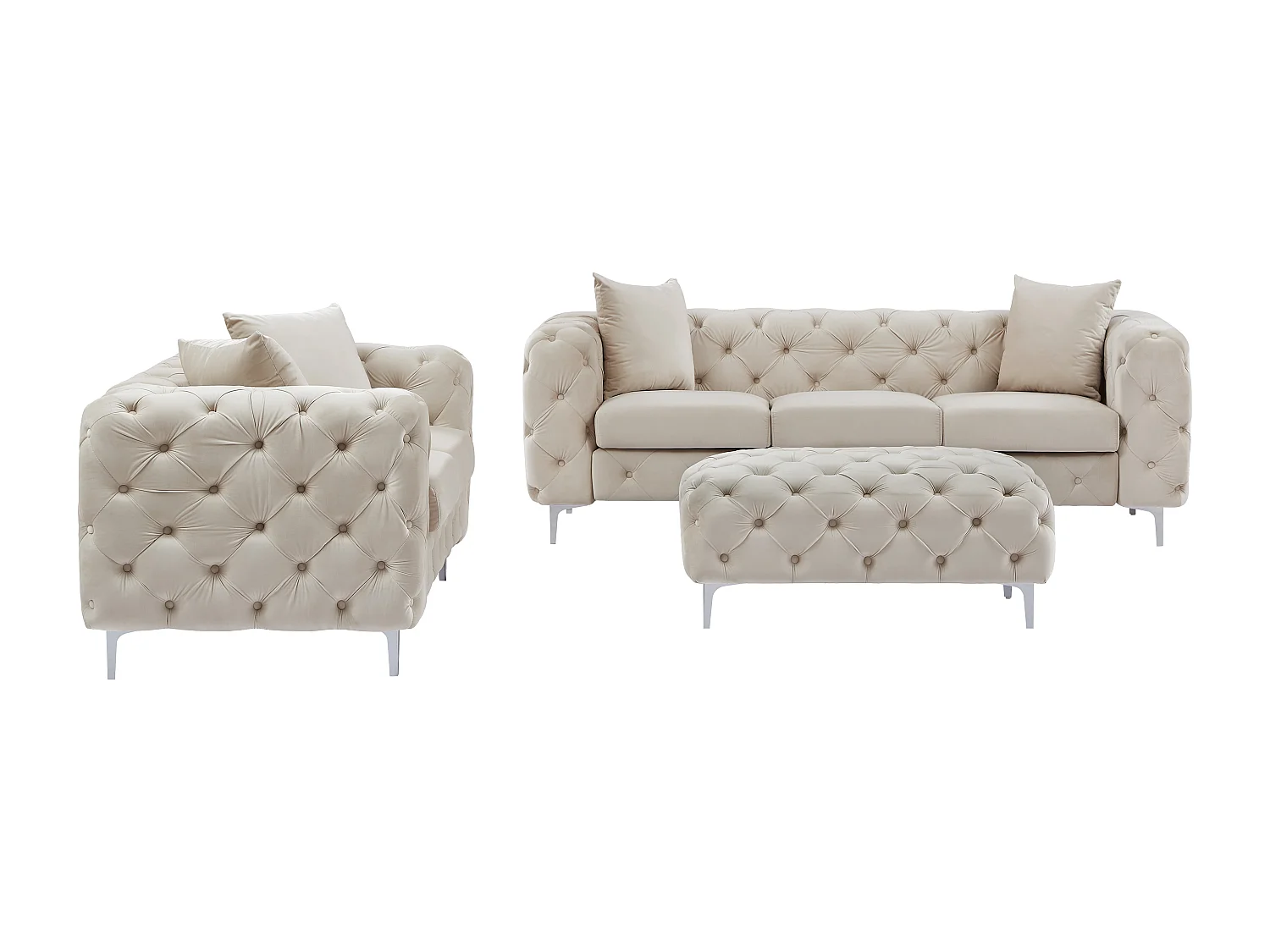 Drie- en tweezits-Chesterfield-bank en -poef van beige velours EDWINA