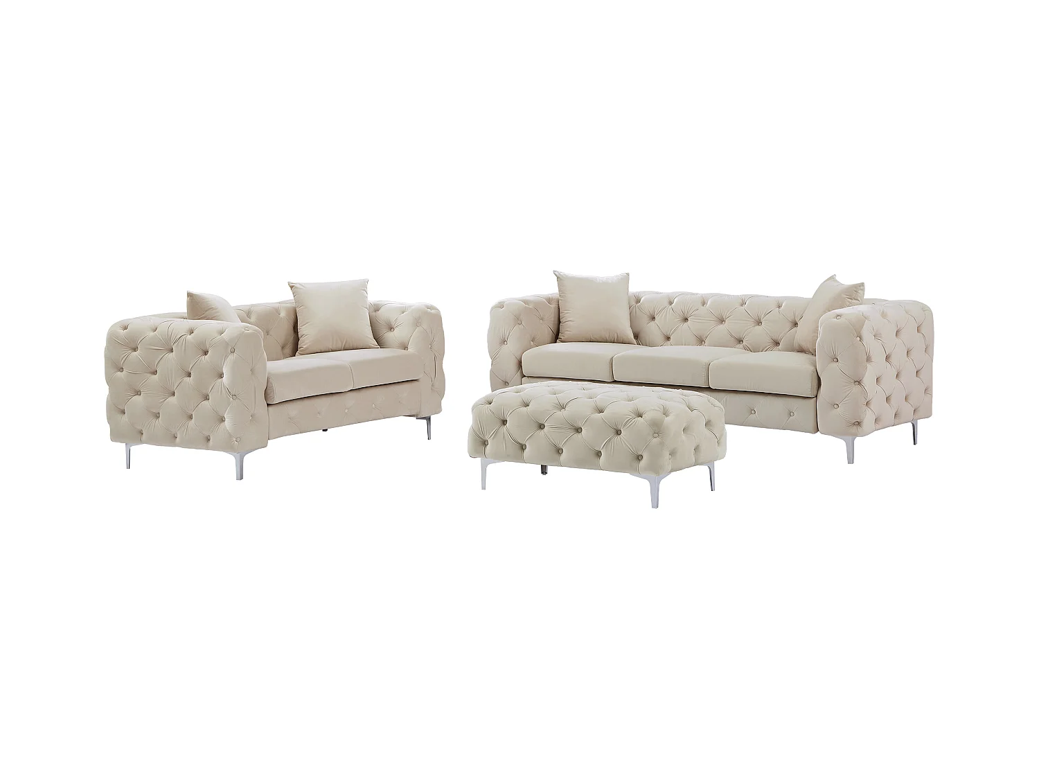 Canapé 3 places, 2 places et pouf chesterfield en velours beige EDWINA