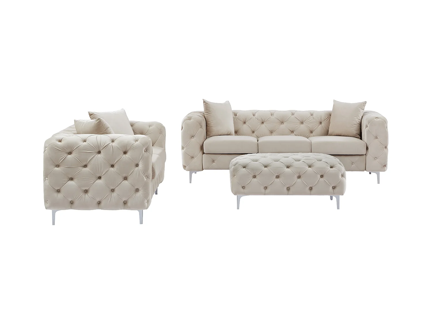 Canapé 3 places, 2 places et pouf chesterfield en velours beige EDWINA