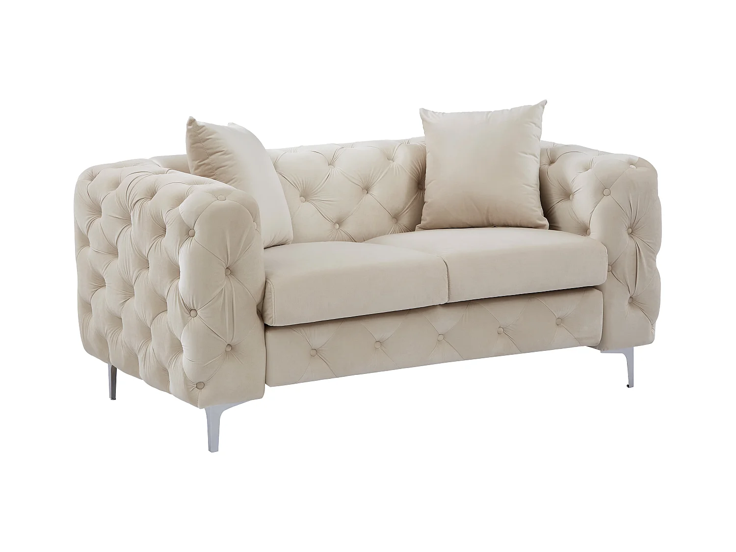 Canapé 3 places, 2 places et pouf chesterfield en velours beige EDWINA