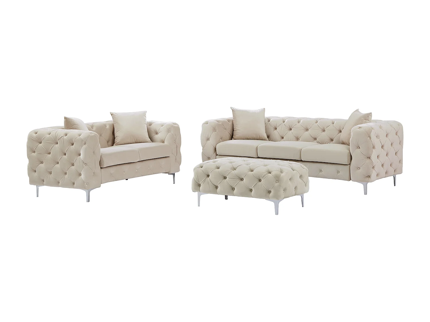 Canapé 3 places, 2 places et pouf chesterfield en velours beige EDWINA