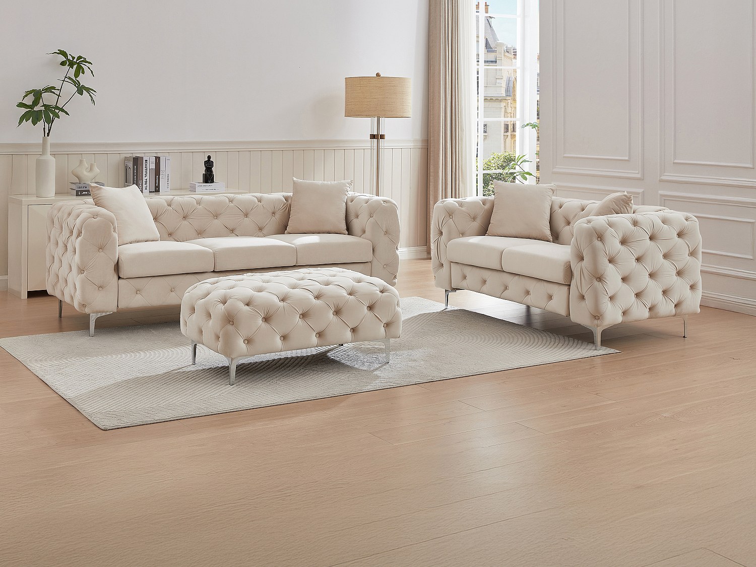 3-seters sofa, 2-seters sofa og chesterfield-fotskammel i beige fløyel med beige fløyel EDWINA