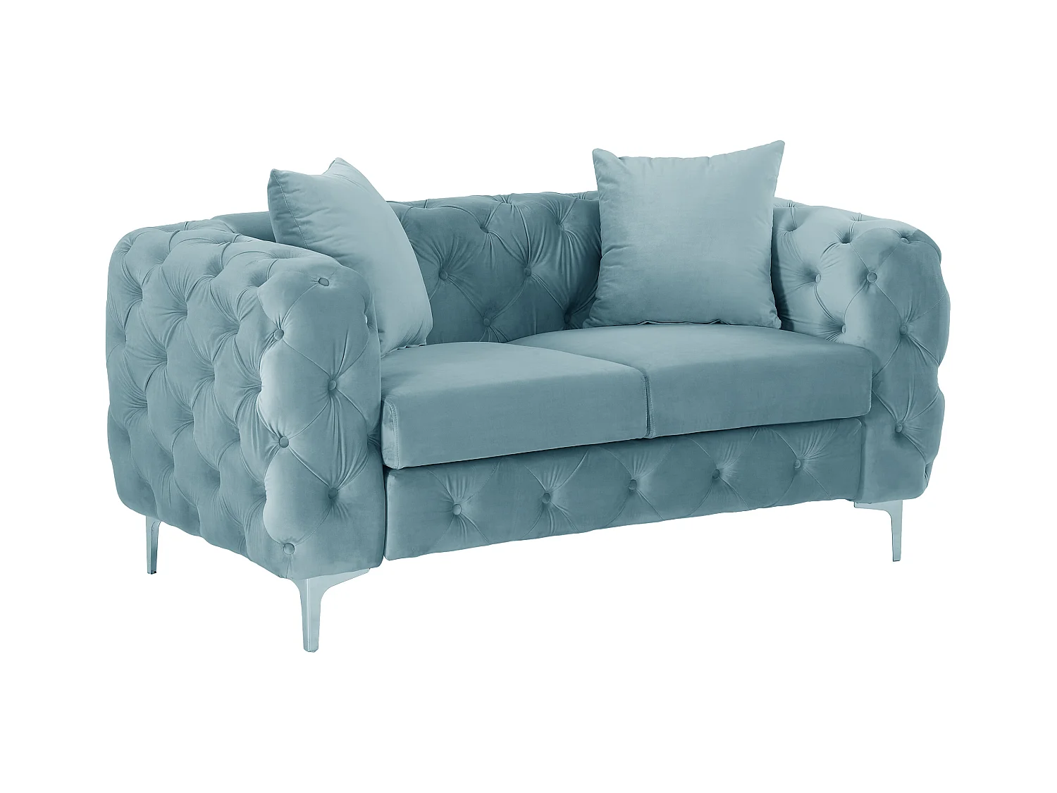 Sofá de 3 plazas, 2 plazas y puf chéster en terciopelo azul pastel EDWINA