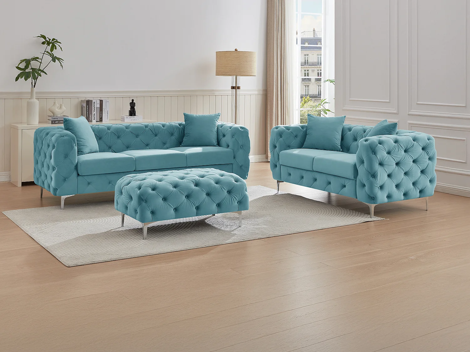 Sofá de 3 plazas, 2 plazas y puf chéster en terciopelo azul pastel EDWINA