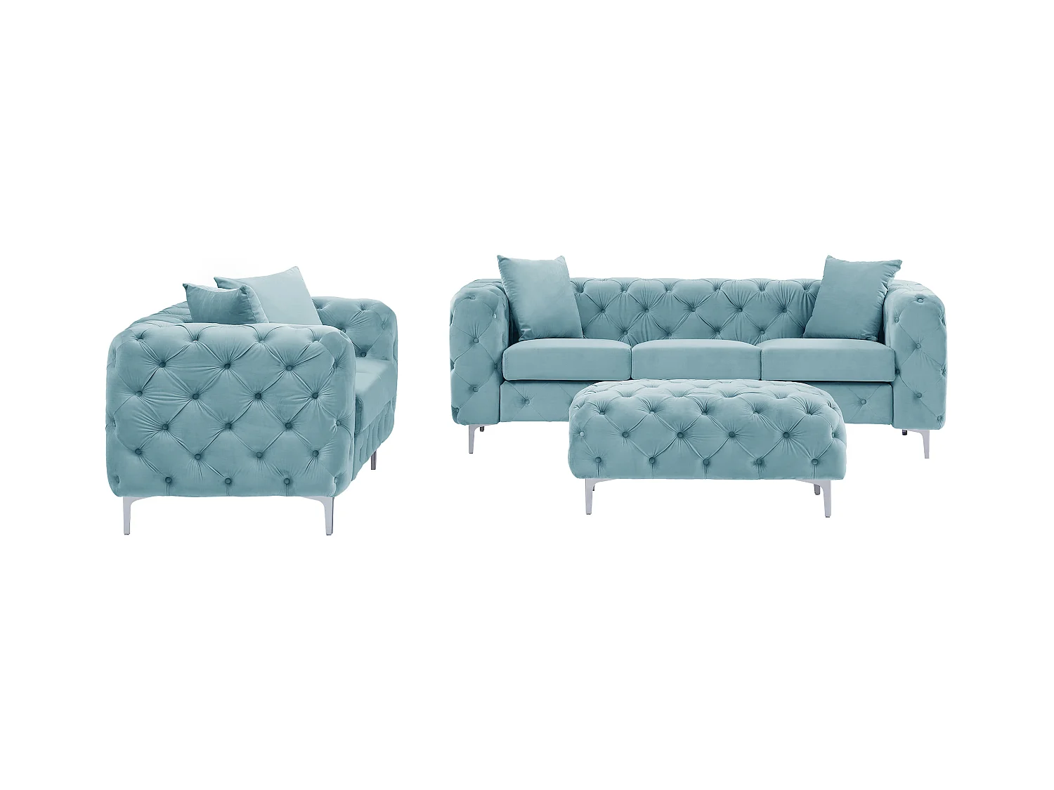 Canapé 3 places, 2 places et pouf chesterfield en velours bleu pastel EDWINA