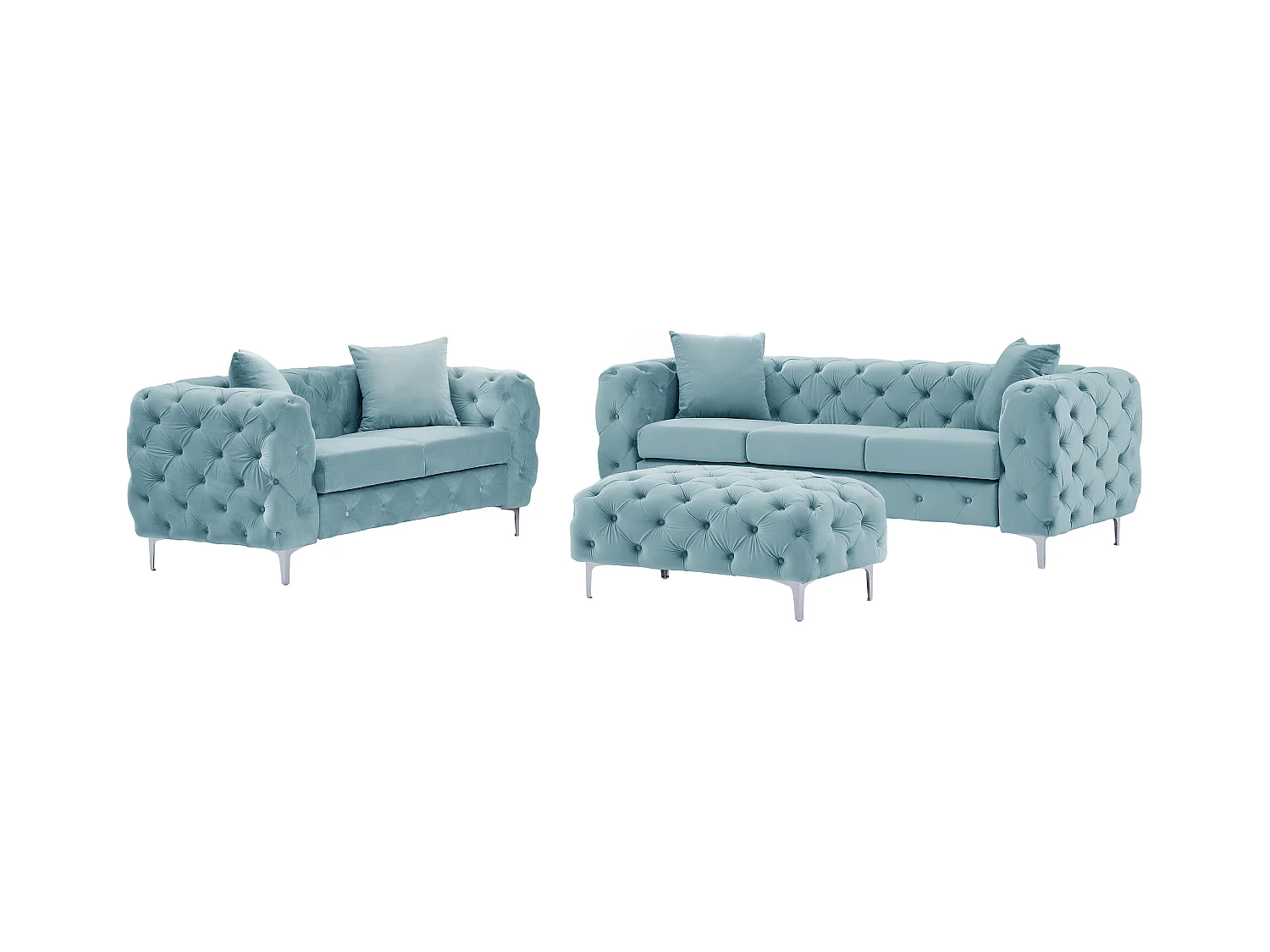 Canapé 3 places, 2 places et pouf chesterfield en velours bleu pastel EDWINA