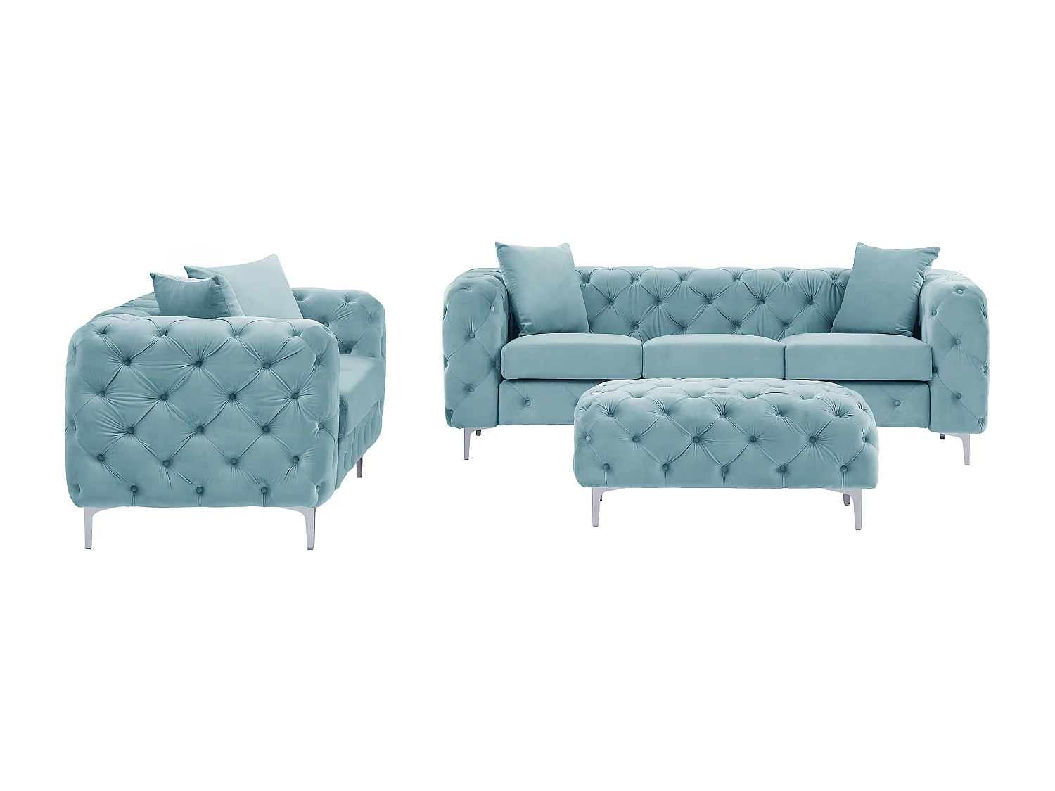 Canapé 3 places, 2 places et pouf chesterfield en velours bleu pastel EDWINA