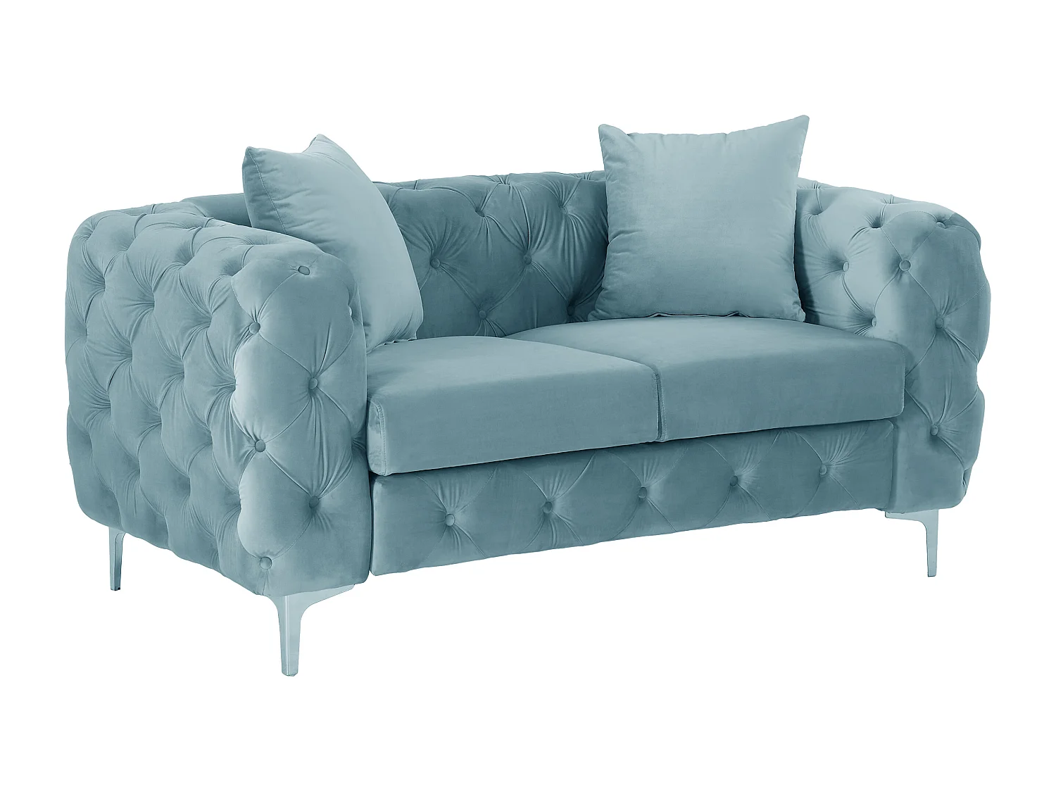 Canapé 3 places, 2 places et pouf chesterfield en velours bleu pastel EDWINA