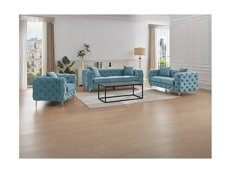 Chesterfield-Sofa 3-Sitzer, 2-Sitzer & Chesterfield-Sessel - Samt - Pastellblau - EDWINA