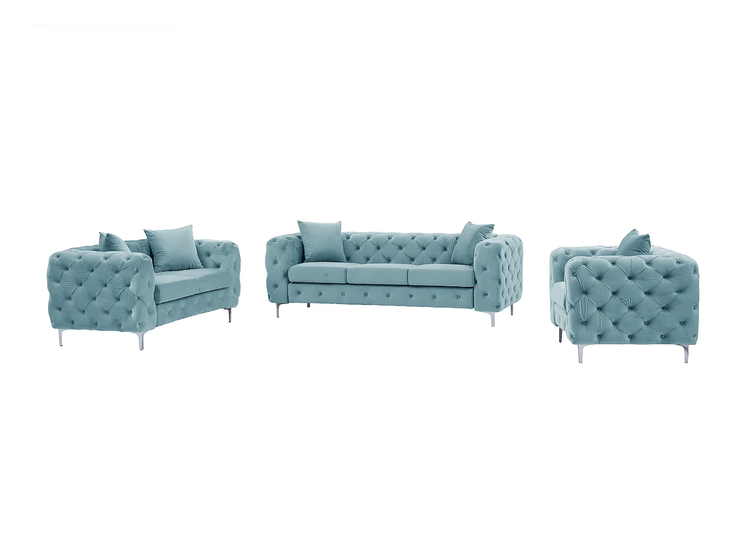 Divano 3 posti, 2 posti e poltrona Chesterfield in velluto azzurro pastello - EDWINA
