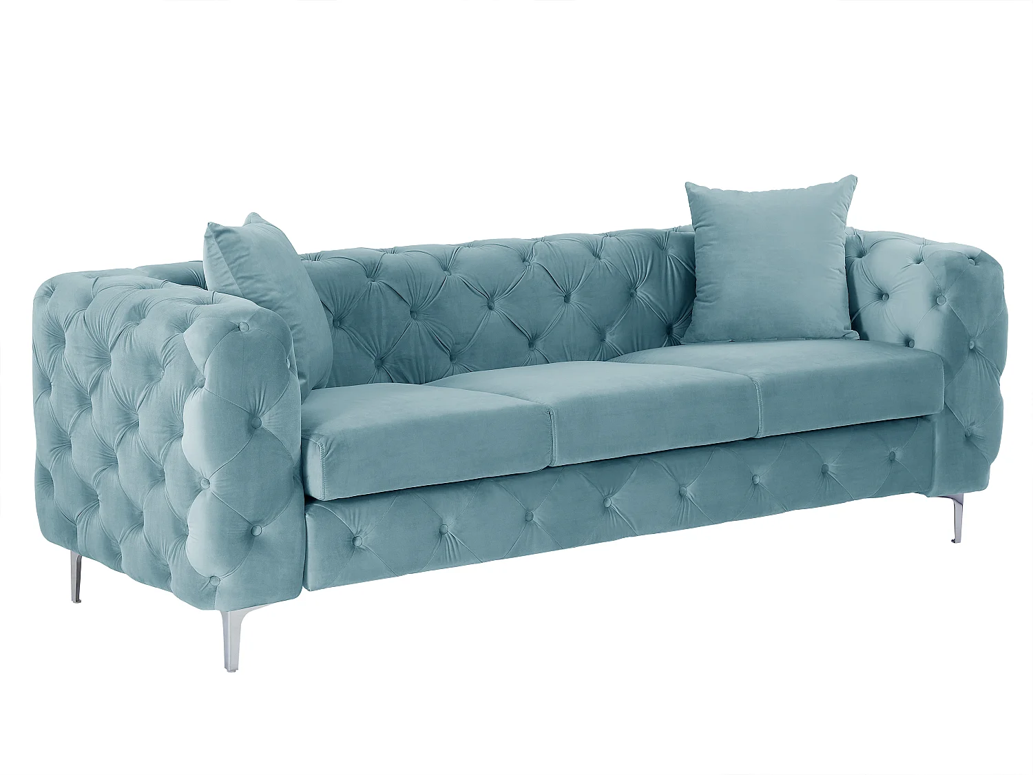 Divano 3 posti, 2 posti e poltrona Chesterfield in velluto azzurro pastello - EDWINA