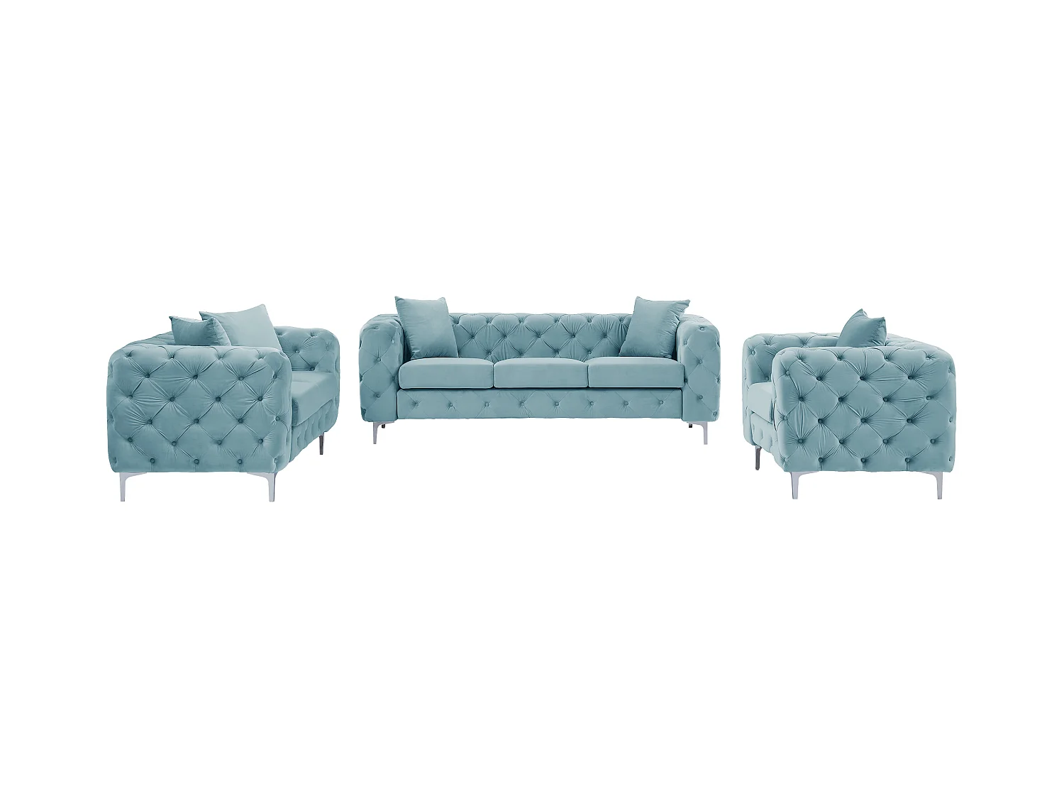 Canapé 3 places, 2 places et fauteuil chesterfield en velours bleu pastel EDWINA
