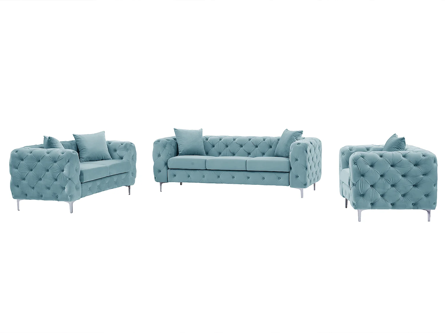 Canapé 3 places, 2 places et fauteuil chesterfield en velours bleu pastel EDWINA