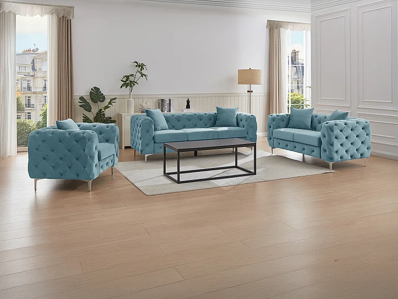 Canapé Chesterfield 3 Places En Velours Bleu Roi - Design Classique Capitonné - Confort Maximal - Livraison Montée