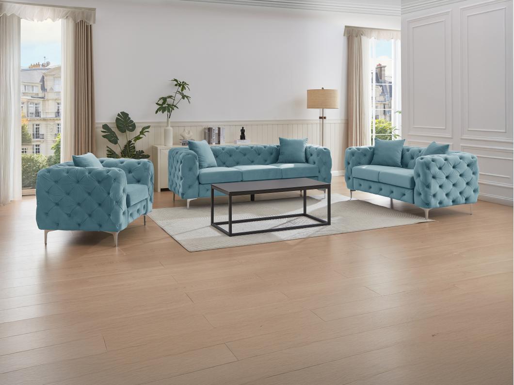 Drie- en tweezits-Chesterfield-bank en -fauteuil van pastelblauw velours EDWINA