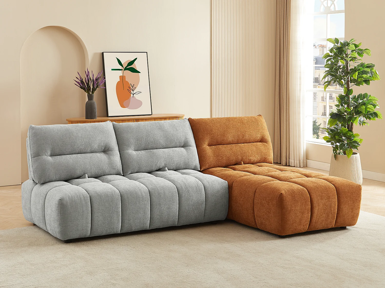 Canapé d'angle modulable dossier avance-recule en tissu texturé gris clair et terracotta APOLIU