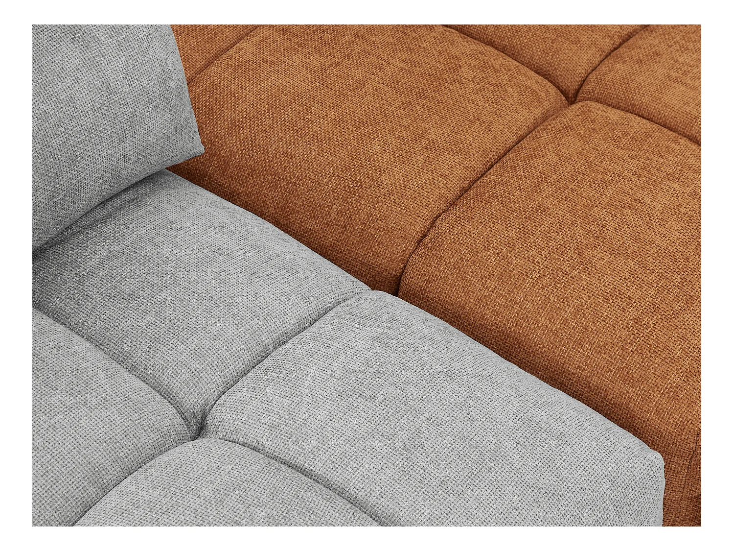 Canapé d'angle modulable dossier avance-recule en tissu texturé gris clair et terracotta APOLIU