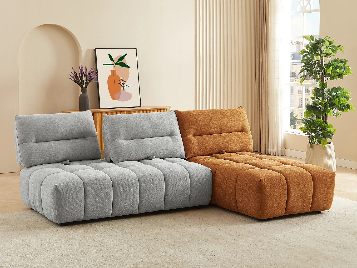 Canapé d'angle modulable dossier avance-recule en tissu texturé gris clair et terracotta APOLIU