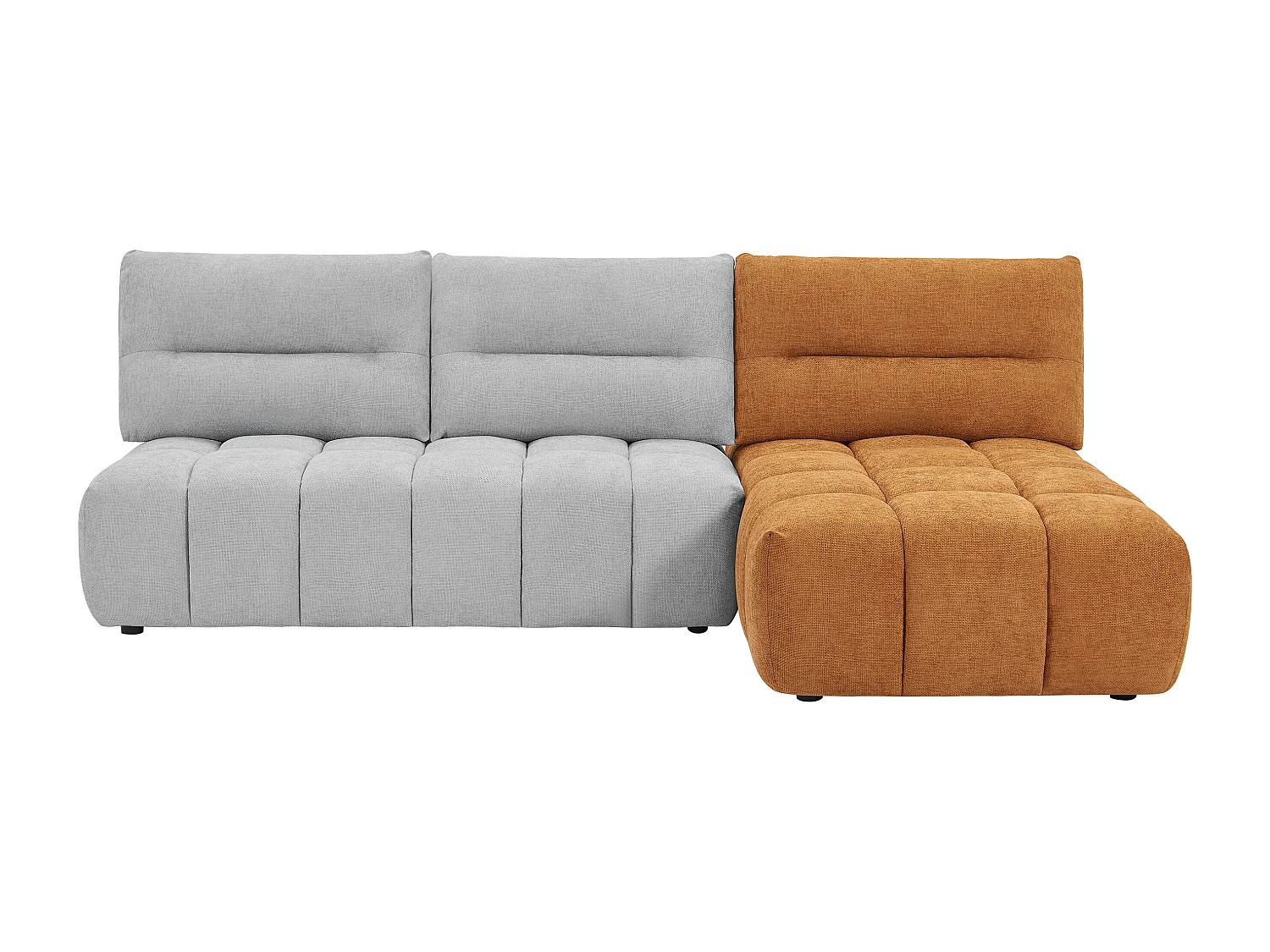 Moduleerbare hoekbank met schuivende rugleuning van lichtgrijze en terracottakleurige stof met textuur APOLIU