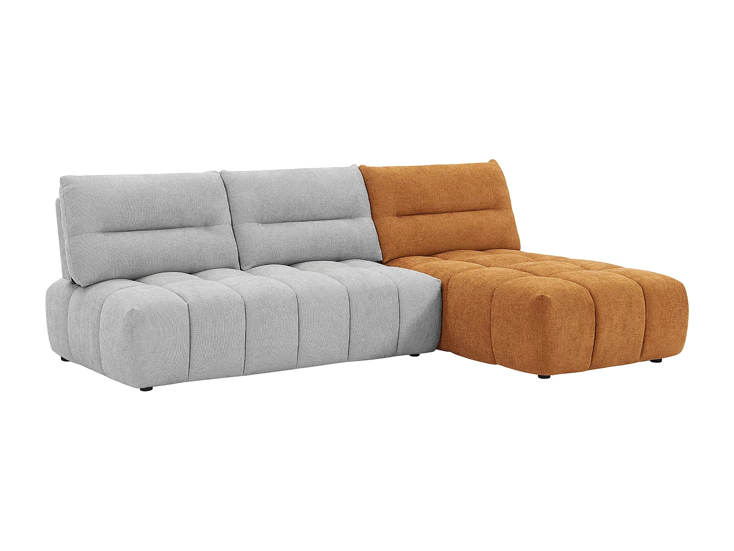 Moduleerbare hoekbank met schuivende rugleuning van lichtgrijze en terracottakleurige stof met textuur APOLIU