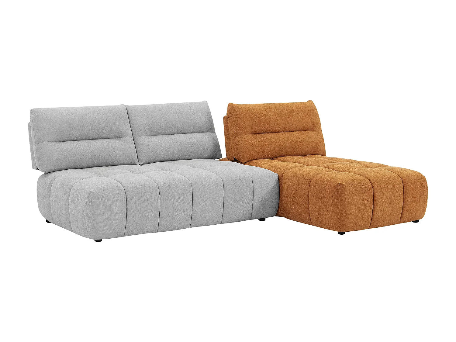 Moduleerbare hoekbank met schuivende rugleuning van lichtgrijze en terracottakleurige stof met textuur APOLIU