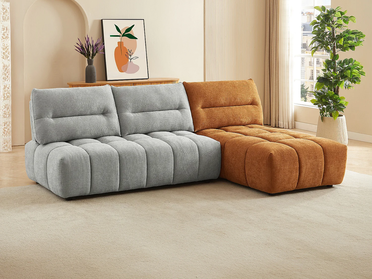 Moduleerbare hoekbank met schuivende rugleuning van lichtgrijze en terracottakleurige stof met textuur APOLIU