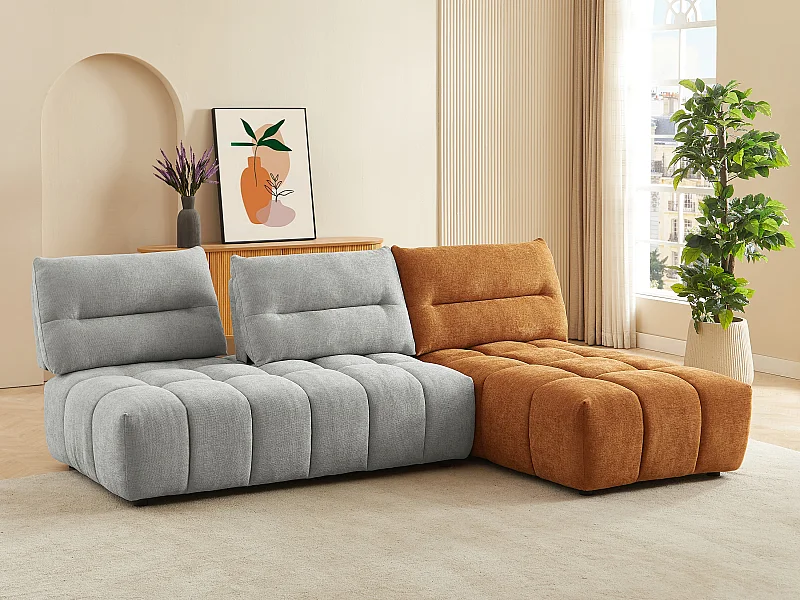 Canapé d'angle modulable dossier avance-recule en tissu texturé gris clair et terracotta APOLIU
