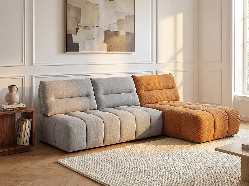 Sofá rinconera modular con respaldo desplazable en tela texturizada gris claro y terracota APOLIU