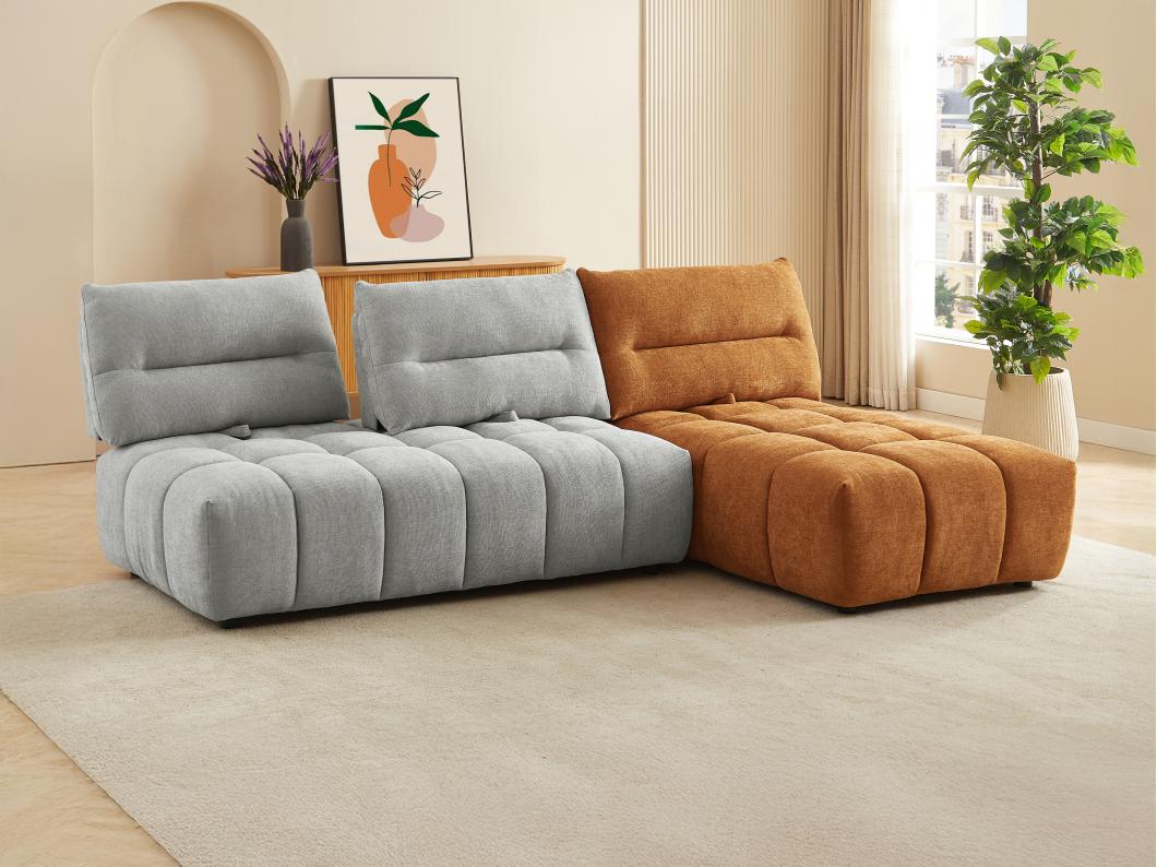 Canapé d'angle modulable dossier avance-recule en tissu texturé gris clair et terracotta APOLIU