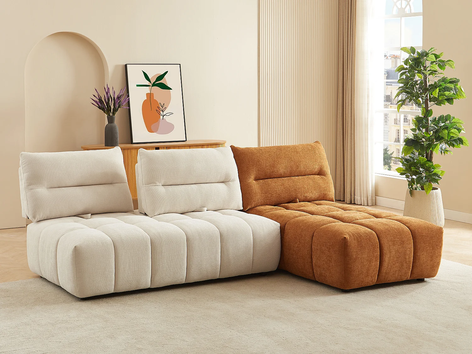 Canapé d'angle modulable dossier avance-recule en tissu texturé beige et terracotta APOLIU