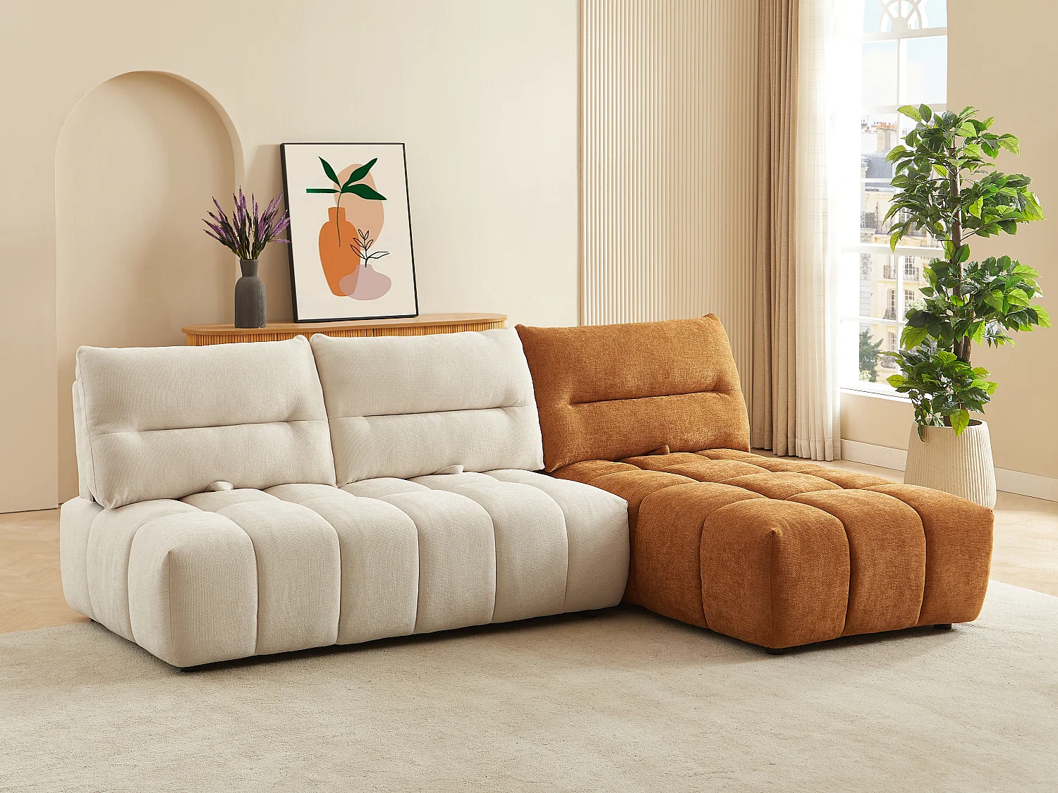 Moduleerbare hoekbank met schuivende rugleuning van beige en terracottakleurige stof met textuur APOLIU