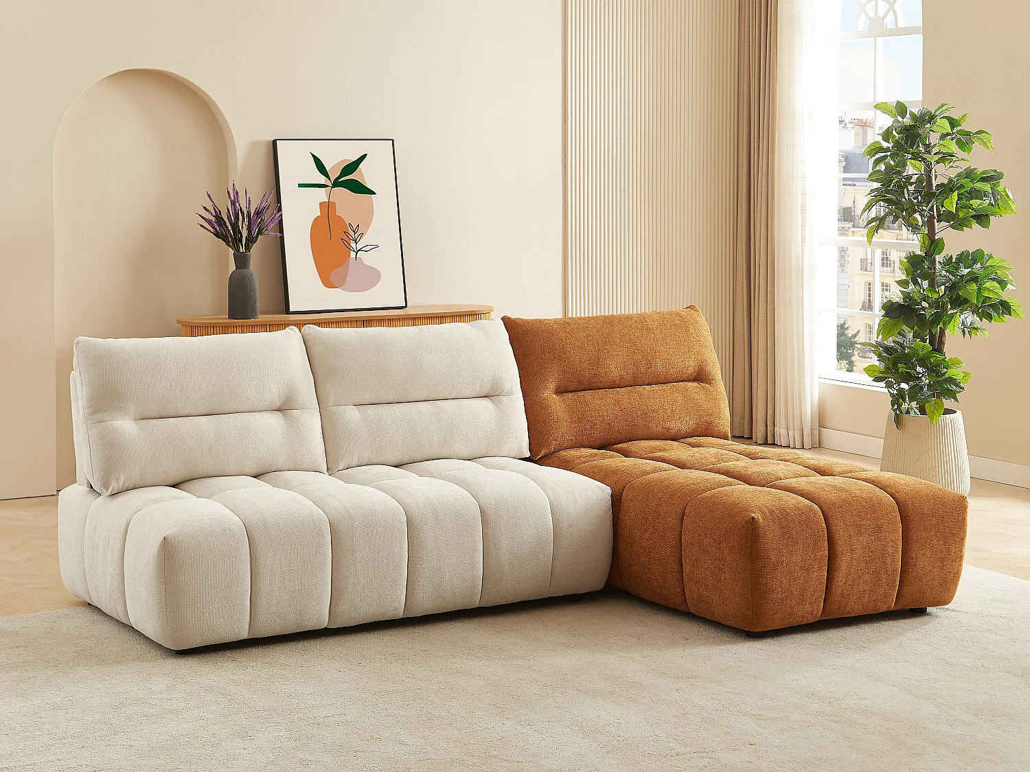 Canapé d'angle modulable dossier avance-recule en tissu texturé beige et terracotta APOLIU