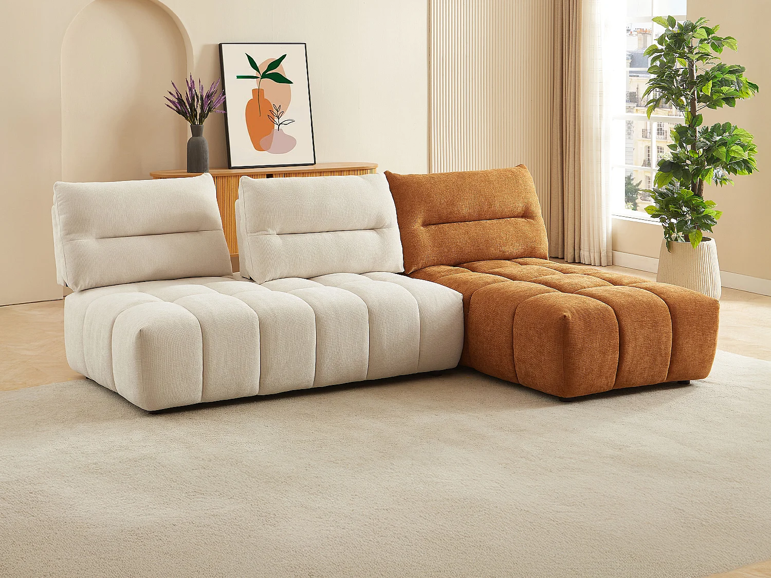 Canapé d'angle modulable dossier avance-recule en tissu texturé beige et terracotta APOLIU