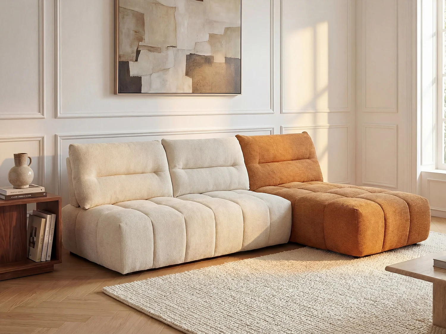 Canapé d'angle modulable dossier avance-recule en tissu texturé beige et terracotta APOLIU