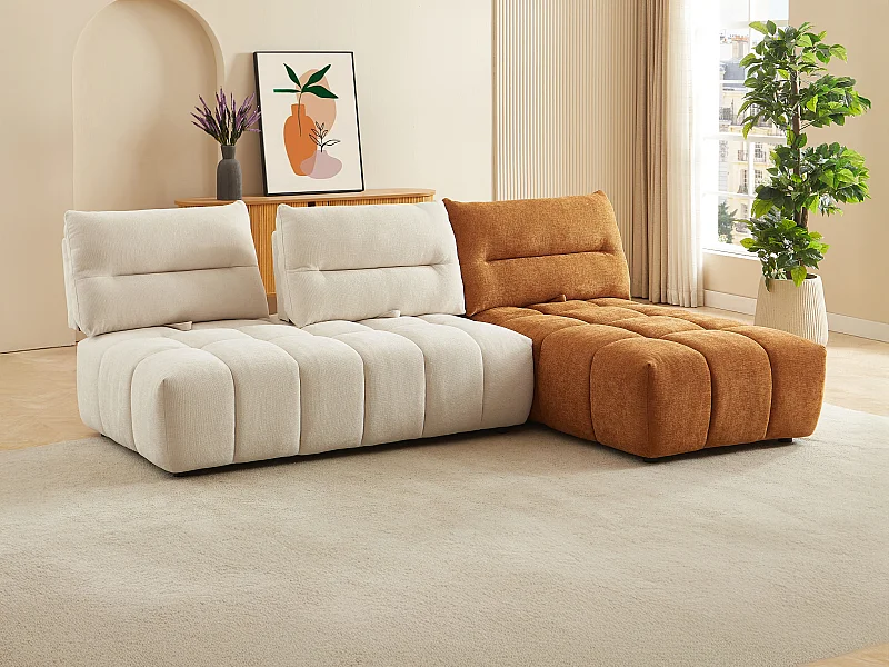 Canapé d'angle modulable dossier avance-recule en tissu texturé beige et terracotta APOLIU