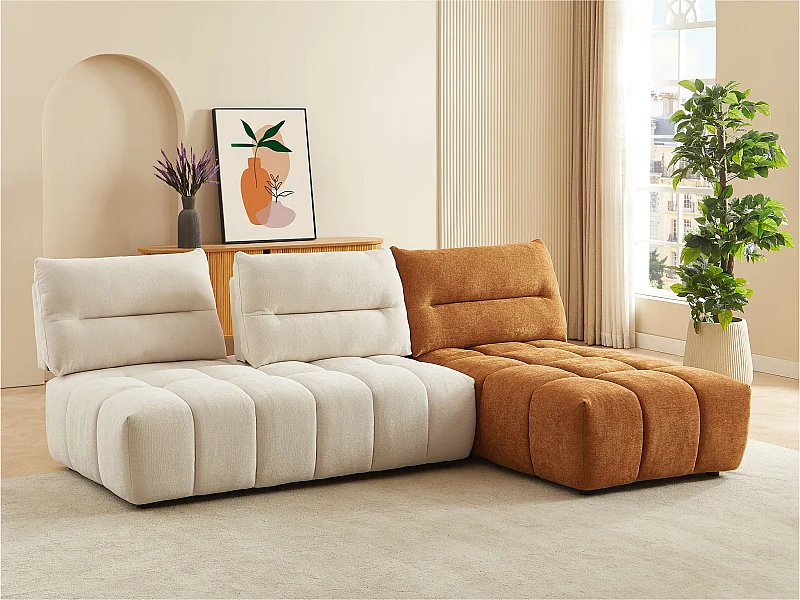 Canapé d'angle modulable dossier avance-recule en tissu texturé beige et terracotta APOLIU