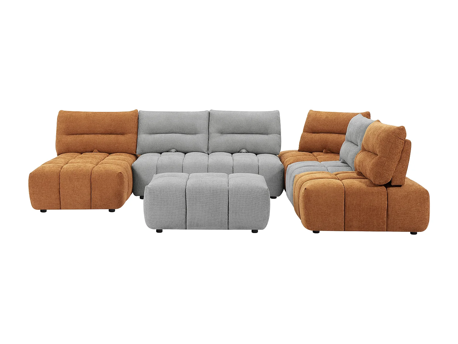 Kanapa narożna wieloosobowa modułowa z przesuwnym oparciem i puf z teksturowaną tapicerką jasnoszary i terakota - APOLIU