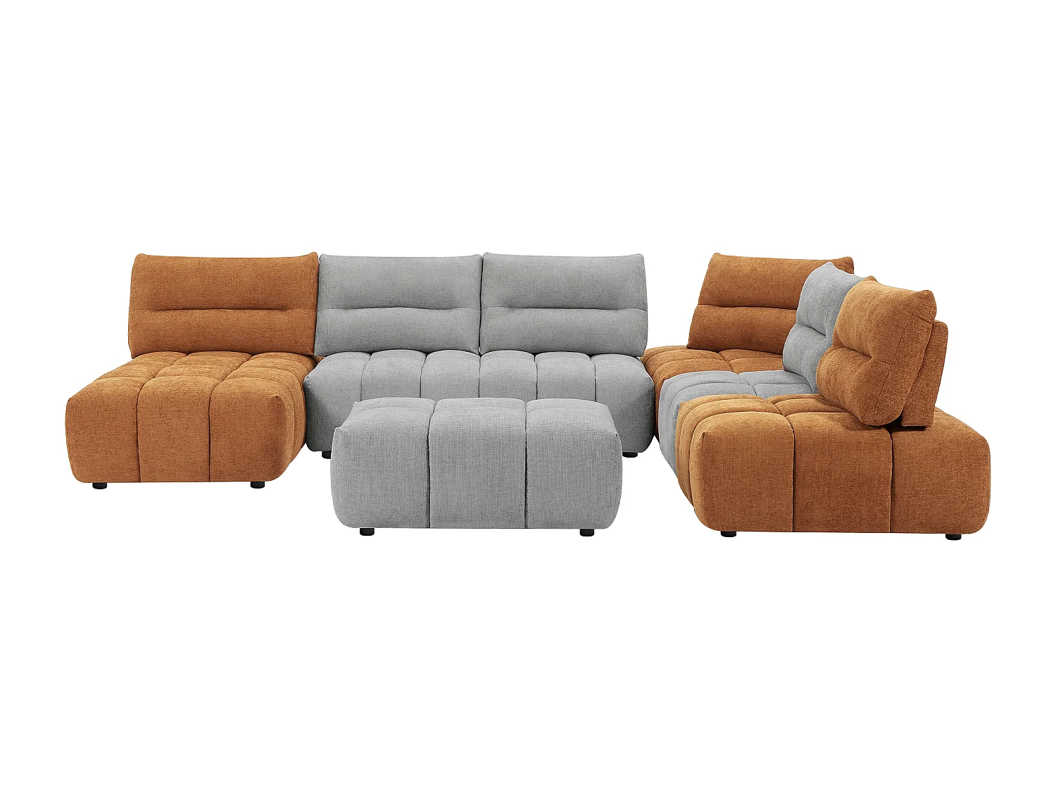 Panoramisk sofa med hjørnemidiné og puf med avanceret justerbart ryglæn med udtræksbart betræk i tekstureret lysegrå og terrakotta APOLIU